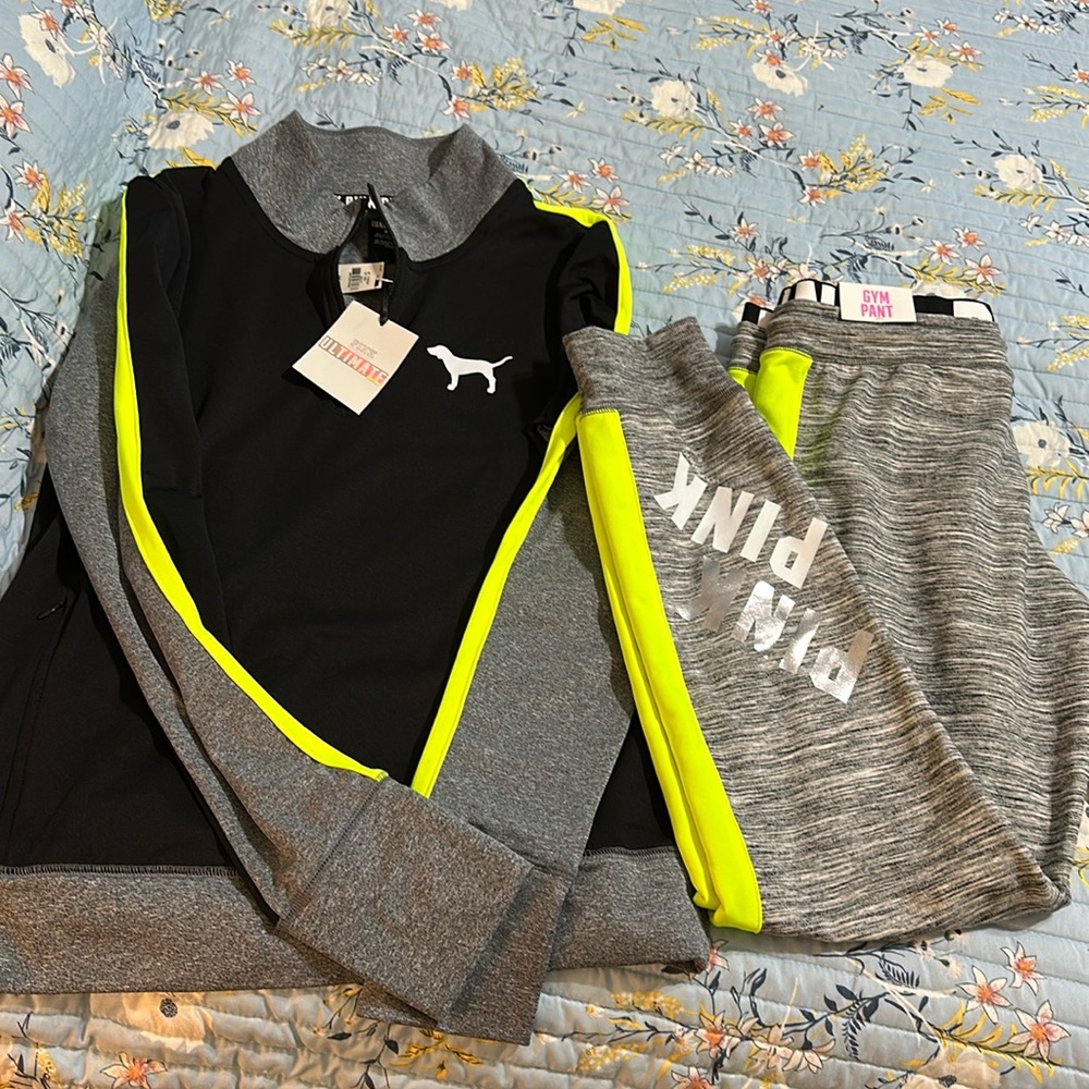 NWT PINK Gray and Black Gym Set: Quarter Zip Top & Pants with Neon Yellow Detail